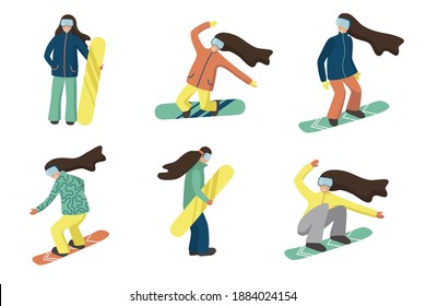 Satz von Frau Snowboarden. Kollektion von weiblichen Cartoon-Figuren, die Winteraktivitäten durchführen. Snowboarder reiten und springen. Vektorgrafik auf flachem Cartoon-Stil einzeln auf weißem Hintergrund