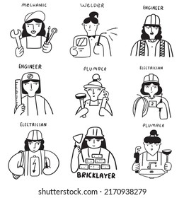 Set of woman specialists. Occupations: plumber, electrician, welder, bricklayer, mechanic. Outline vector icons on white background. 