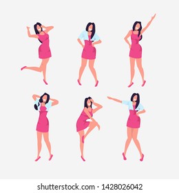 set woman standing in different poses collection smiling female cartoon character posing white background flat full length