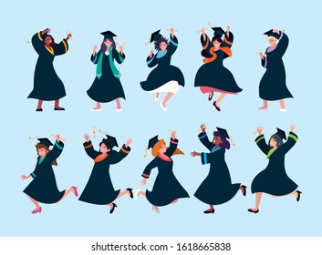 set of woman students, university graduation vector illustration design