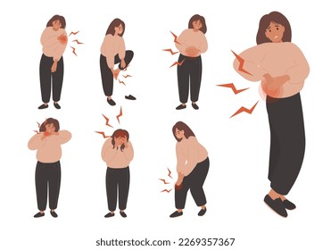 Conjunto de mujeres que sufren de diferentes tipos de dolor. Problemas de salud, síntomas de enfermedad y enfermedad corporal no saludable. Vector plano de dibujos animados Ilustración
