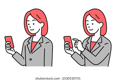 Set of a woman in a suit looking at a smartphone screen and a woman in a suit operating a smartphone