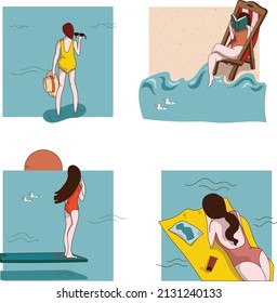 Set Of Woman In Swim Suit Doing Different Activities: Standing, Sitting On The Beach Bed, Jumping On The Board, Sunbathing And Reading. Flat Vector Illustration