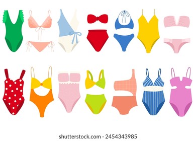 Set of woman swimwear. Swimsuits tops and bra, panties and summer vacation clothing fashion.