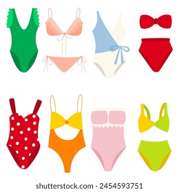 Set of woman swimwear. Swimsuits tops and bra, panties and summer vacation clothing fashion.