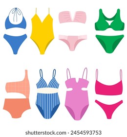 Set of woman swimwear. Swimsuits tops and bra, panties and summer vacation clothing fashion.