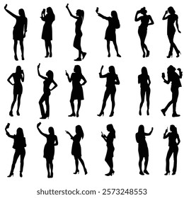 A set of woman taking selfie with phone vector silhouettes illustration