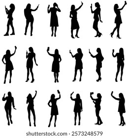 A set of woman taking selfie with phone vector silhouettes illustration