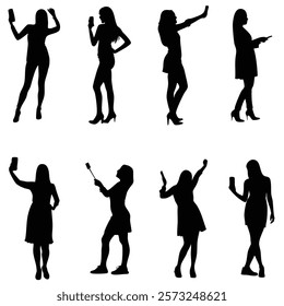 A set of woman taking selfie with phone vector silhouettes illustration