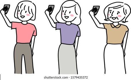 Set of woman taking selfie with smartphone. Set of senior woman and young women taking selfie. Collection of women in various age holding phone and taking selfie. Women of different age taking selfie.