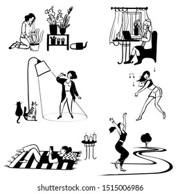set of woman and they free time. Hand drawn vector illustration.