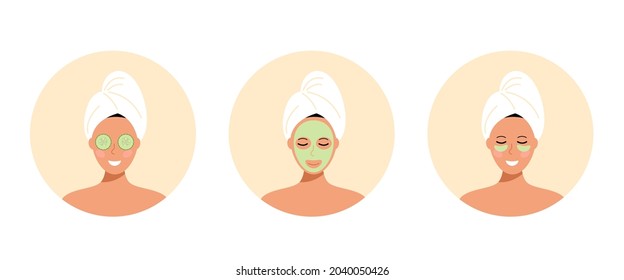 A set of woman in a towel cares for the skin of the face. Makes a face mask, patches and cucumber slices over the eyes. Stock vector illustration. 