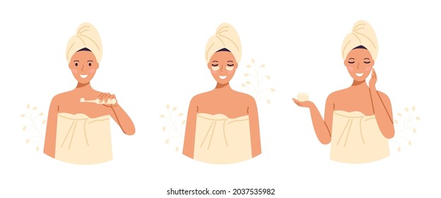 A set of a woman in a towel and a turban after taking a bath takes care of herself, brushes her teeth, applies cream and patches. Stock vector illustration. 