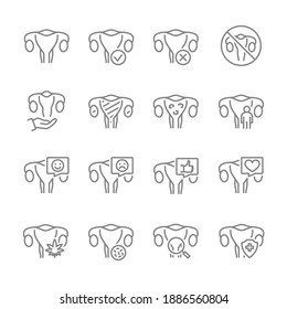 Set of woman uterus line icon. Healthy internal organ, female reproductive system illness, diagnosis, treatment and more.