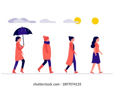 Set woman walks outdoors in different weather, season. Sun is shining, cloudy, rain. Young girl wearing seasonal clothes outside. Vector illustration