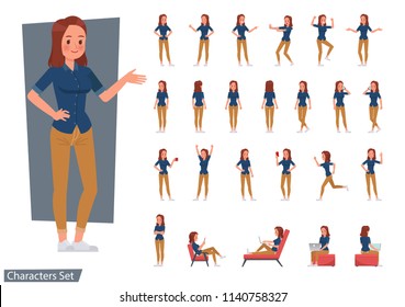Set of woman wear blue jeans shirt character vector design. Presentation in various action with emotions, running, standing and walking. - Shutterstock ID 1140758327