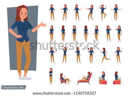 Set of woman wear blue jeans shirt character vector design. Presentation in various action with emotions, running, standing and walking.