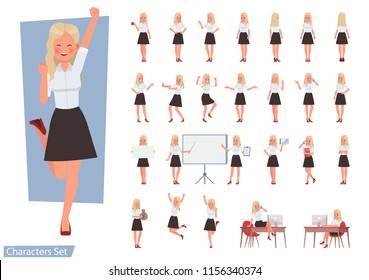 Set of woman wear white shirt character vector design. Presentation in various action with emotions, running, standing and walking.