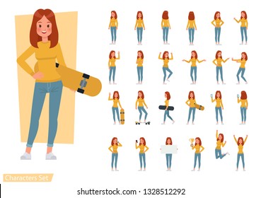 Set Of Woman Wear Yellow Shirt Character Vector Design. Presentation In Various Action With Emotions, Running, Standing And Walking.