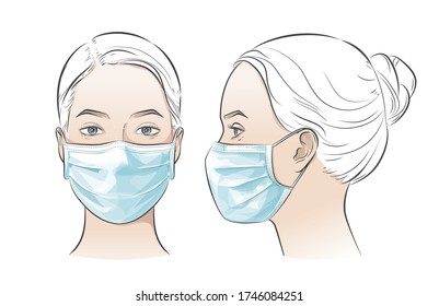 Set Of Woman Wearing Disposable Medical Surgical Mask. Two Dimensional Angles. Different View Front, Profile Side View Of A Girl Face. Vector Line Sketch Illustration.