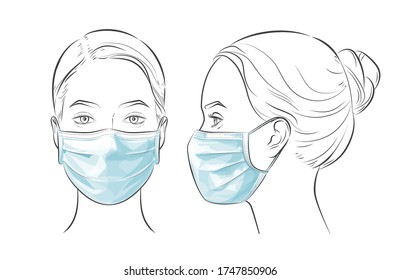 Set of Woman wearing disposable medical surgical mask. Two dimensional angles. Different view front, profile side view of a girl face. Vector line sketch illustration.