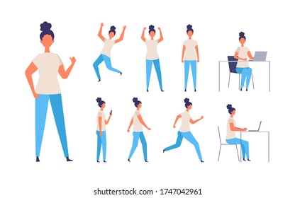 Set of the woman wearing the short sleeve shirt in different poses. Working, standing, walking, sitting , running and jumping. Vector illustration in flat style.