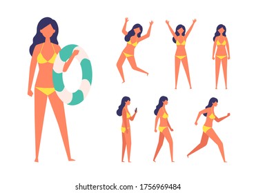 Set of the woman wearing the swimsuit in different poses. Standing, walking, running and jumping. Vector illustration in flat style.