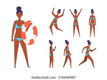 Set of the woman wearing the swimsuit in different poses. Standing, walking, running and jumping. Vector illustration in flat style.