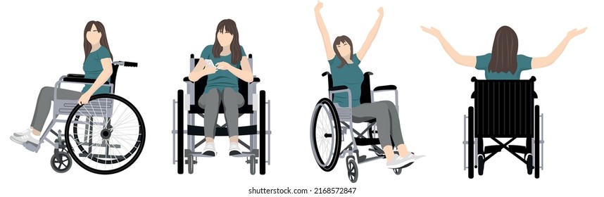 Set of woman in wheelchair on white background