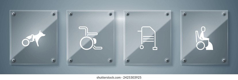 Set Woman in wheelchair, Walker, Wheelchair and Dog. Square glass panels. Vector