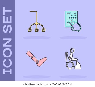 Set Woman in wheelchair, Walking stick cane, Prosthesis leg and Braille icon. Vector