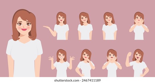Set of Woman in White t-shirt difference pose
