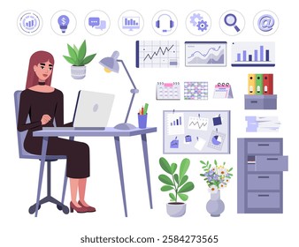 Set of a woman working at a computer. Character illustration at a desk, set of icons, furniture, calendars, office supplies. Vector illustration in a flat style