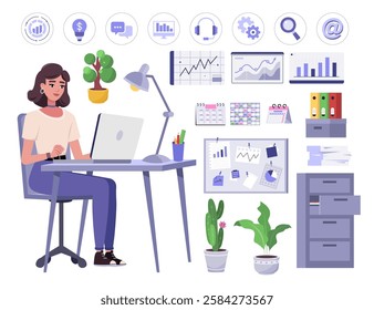 Set of a woman working at a computer. Character illustration at a desk, set of icons, furniture, calendars, office supplies. Vector illustration in a flat style