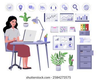 Set of a woman working at a computer. Character illustration at a desk, set of icons, furniture, calendars, office supplies. Vector illustration in a flat style