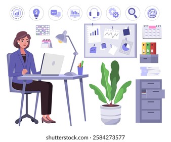 Set of a woman working at a computer. Character illustration at a desk, set of icons, furniture, calendars, office supplies. Vector illustration in a flat style