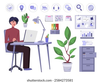 Set of a woman working at a computer. Character illustration at a desk, set of icons, furniture, calendars, office supplies. Vector illustration in a flat style