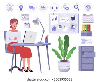 Set of a woman working at a computer. Character illustration at a desk, set of icons, furniture, calendars, office supplies. Vector illustration in a flat style