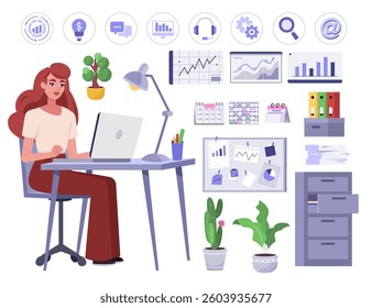 Set of a woman working at a computer. Character illustration at a desk, set of icons, furniture, calendars, office supplies. Vector illustration in a flat style