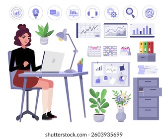 Set of a woman working at a computer. Character illustration at a desk, set of icons, furniture, calendars, office supplies. Vector illustration in a flat style