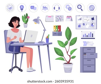 Set of a woman working at a computer. Character illustration at a desk, set of icons, furniture, calendars, office supplies. Vector illustration in a flat style