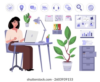 Set of a woman working at a computer. Character illustration at a desk, set of icons, furniture, calendars, office supplies. Vector illustration in a flat style