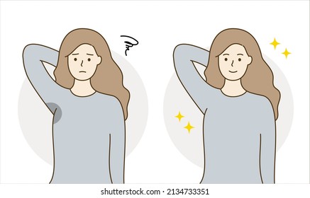 Set of woman worrying about bad smell and sweaty underarm, feeling happy with clean dry armpit. Before and after. Health, body odor, beauty, hygiene concepts. Hand drawn vector design illustrations.