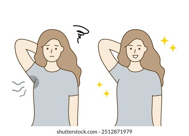 Set of woman worrying about bad smell and sweaty underarm, feeling happy with clean dry armpit. Before and after. Health, body odor, beauty, hygiene concepts. Hand drawn vector design illustrations.