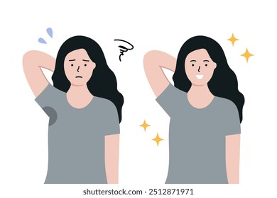 Set of woman worrying about underarm sweat stain problem, showing her clean dry armpit. Before and after. Health, body odor, beauty, hygiene concepts. Flat character vector design illustrations.