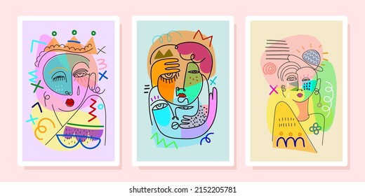 Un conjunto de mujer, hombre, persona abstracta, decorativa, dibujo a mano, retrato facial de la línea de arte ilustración vectorial de carácter. Objeto aislado.