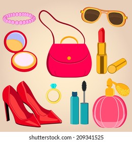 Set of  woman's accessories and cosmetics  in different colors