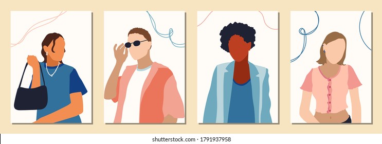 Set of Woman's ans Man's Face minimalist collage abstract contemporary fashion in a modern trendy colors, vector illustration