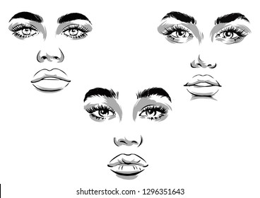 Set of woman's beautiful faces with long lashes and full lips