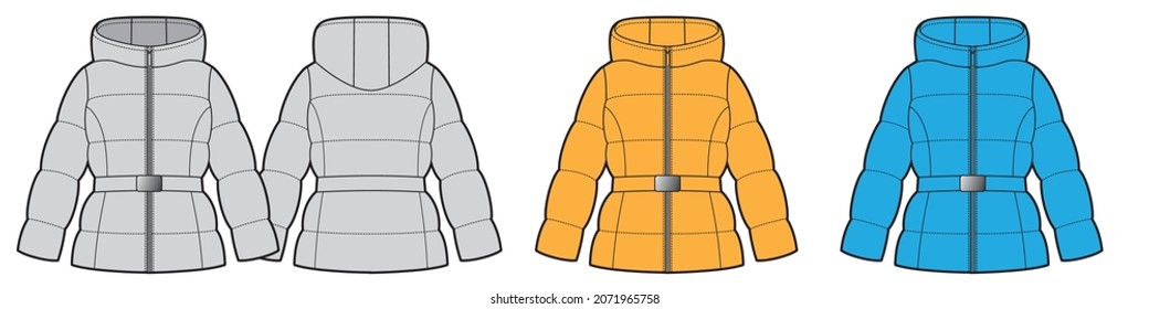 Set of womans belted, hooded down jacket. Orange, blue, grey colors